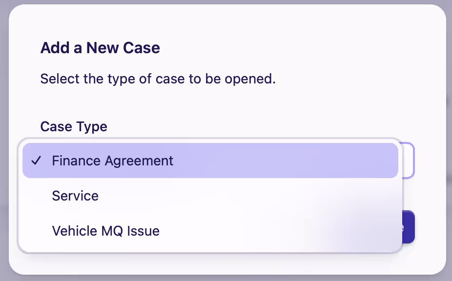 Select case type for new case