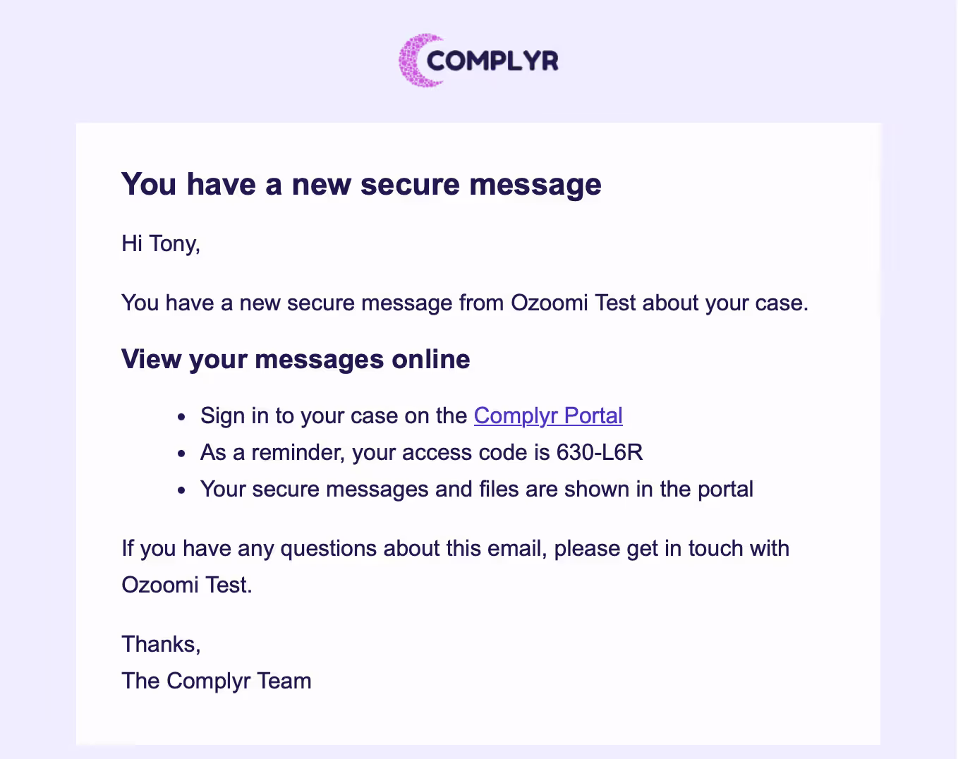 Email notification portal message