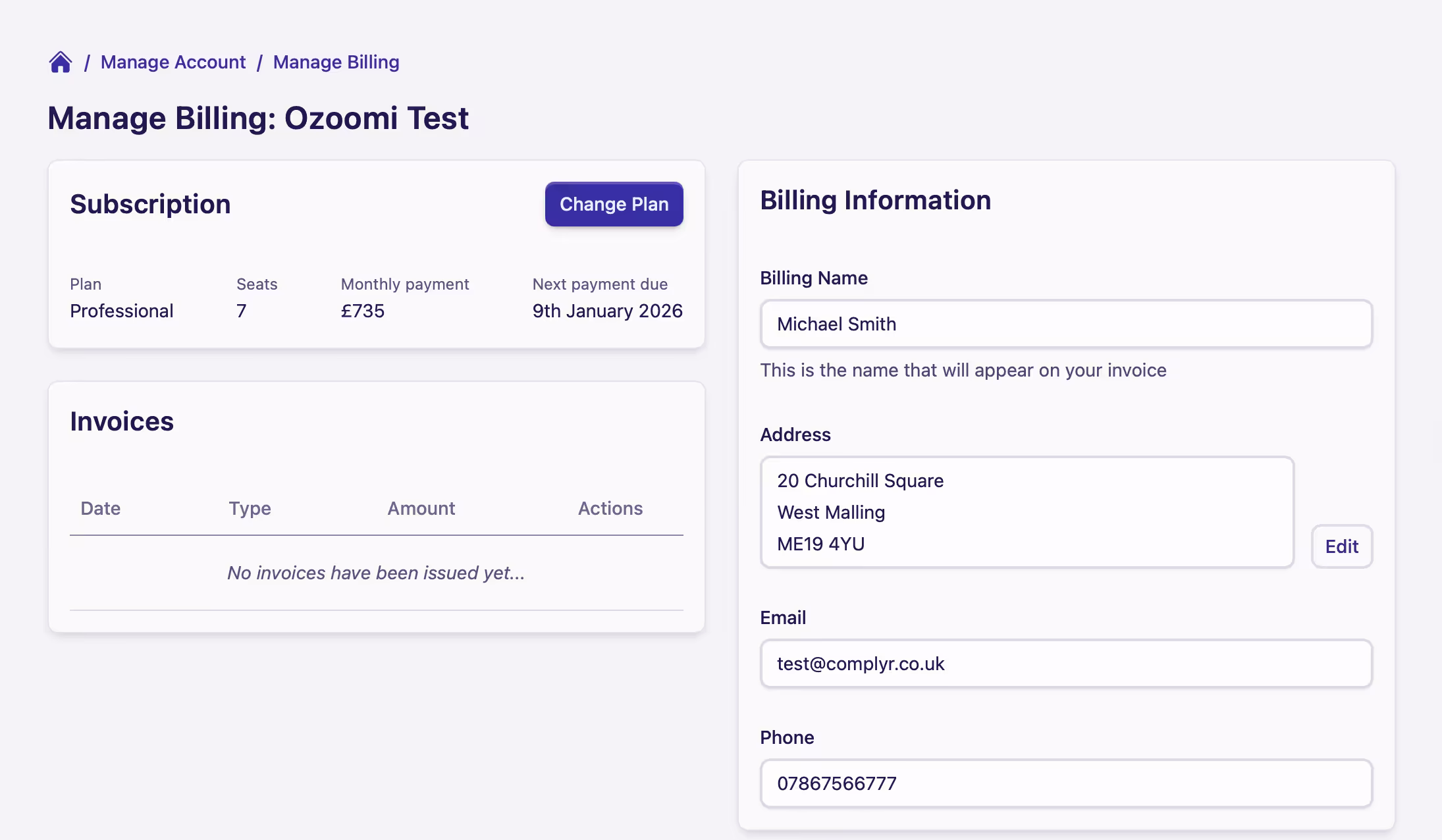 Manage billing home screen